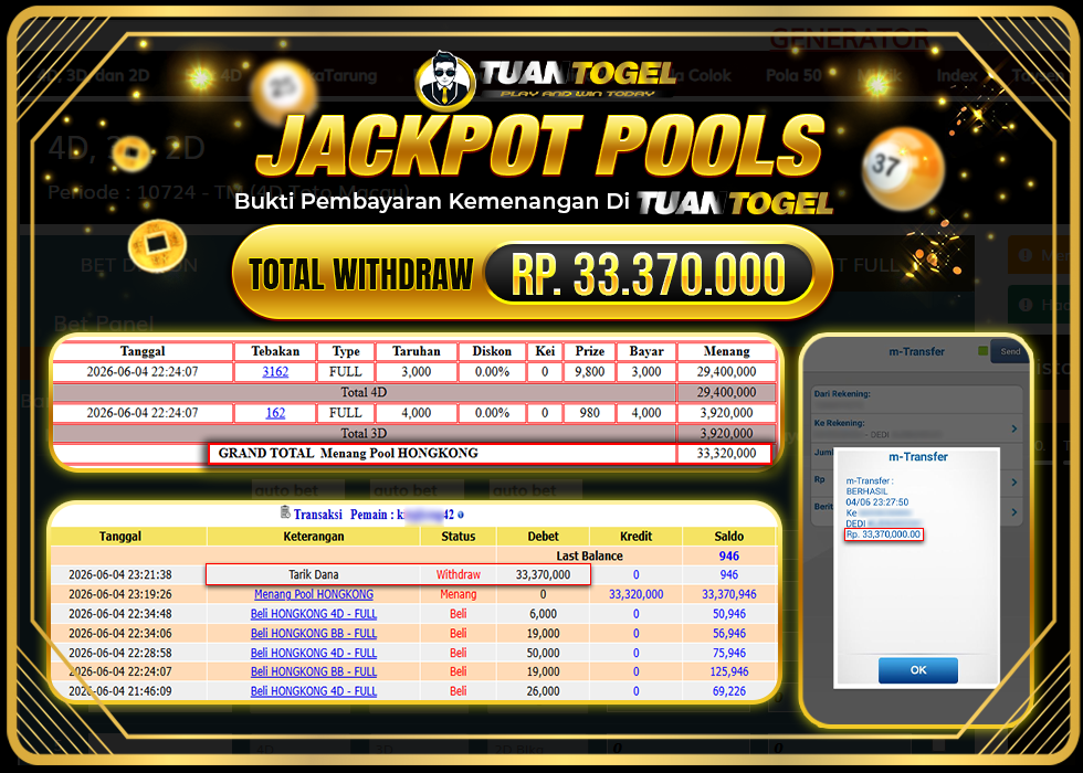 TUANTOGEL JACKPOT TOGEL HONGKONG Rp33.370.000,- LUNAS